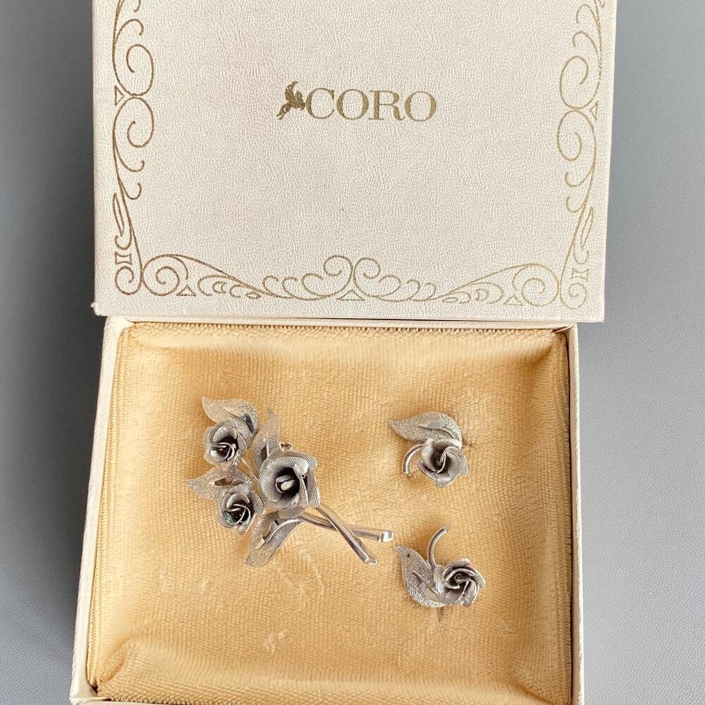 Coro MCM Silver Rose Brooch & Clip Earrings Set in Box​​